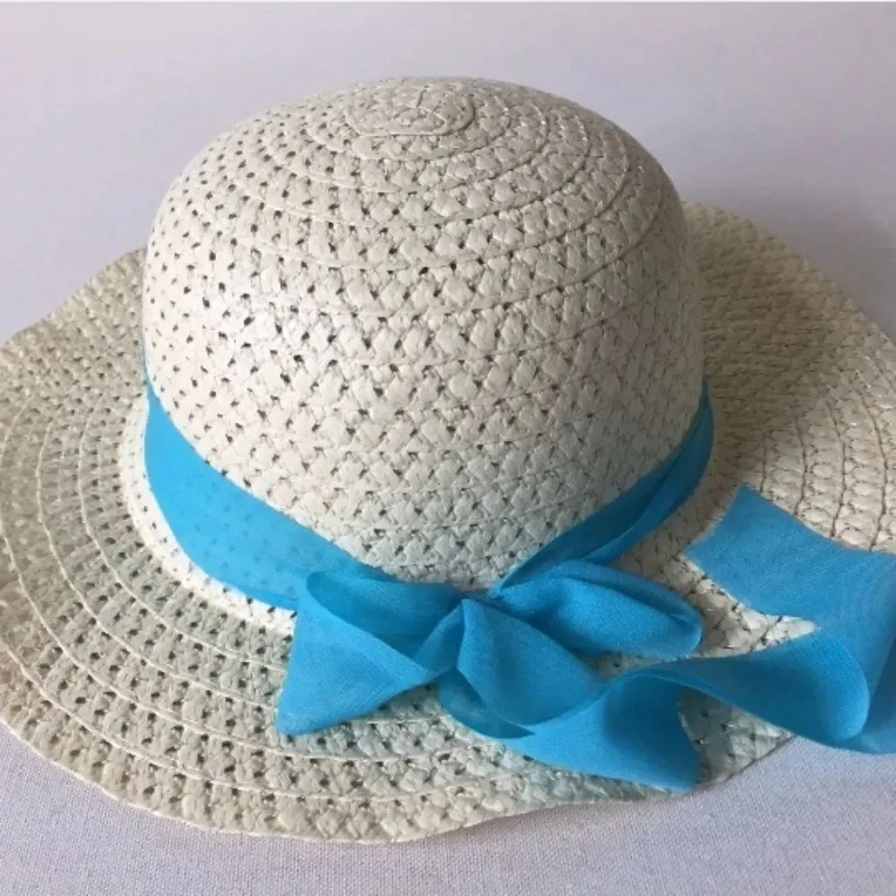 Floppy Wide Brim Summer Sun Beach Hat Natural Color Blue Ribbon Paper